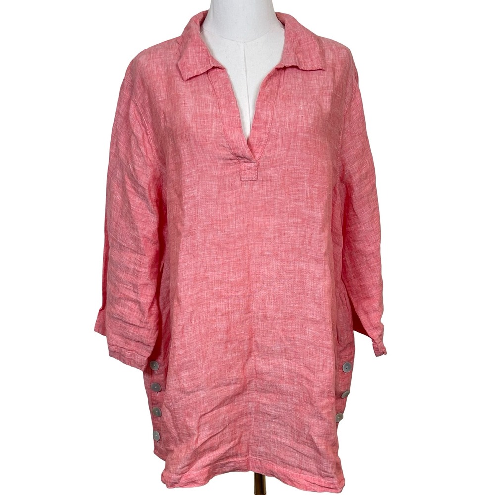Tahari 100% Linen Tunic Top Women 1X Coral Pink V-Neck Side Button Coastal